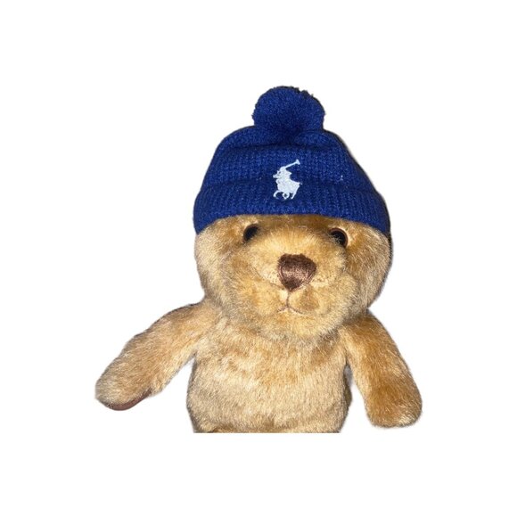Ralph Lauren Plush Teddy Bear With Blue Knit Beanie Embroidered Polo Logo - Picture 2 of 4